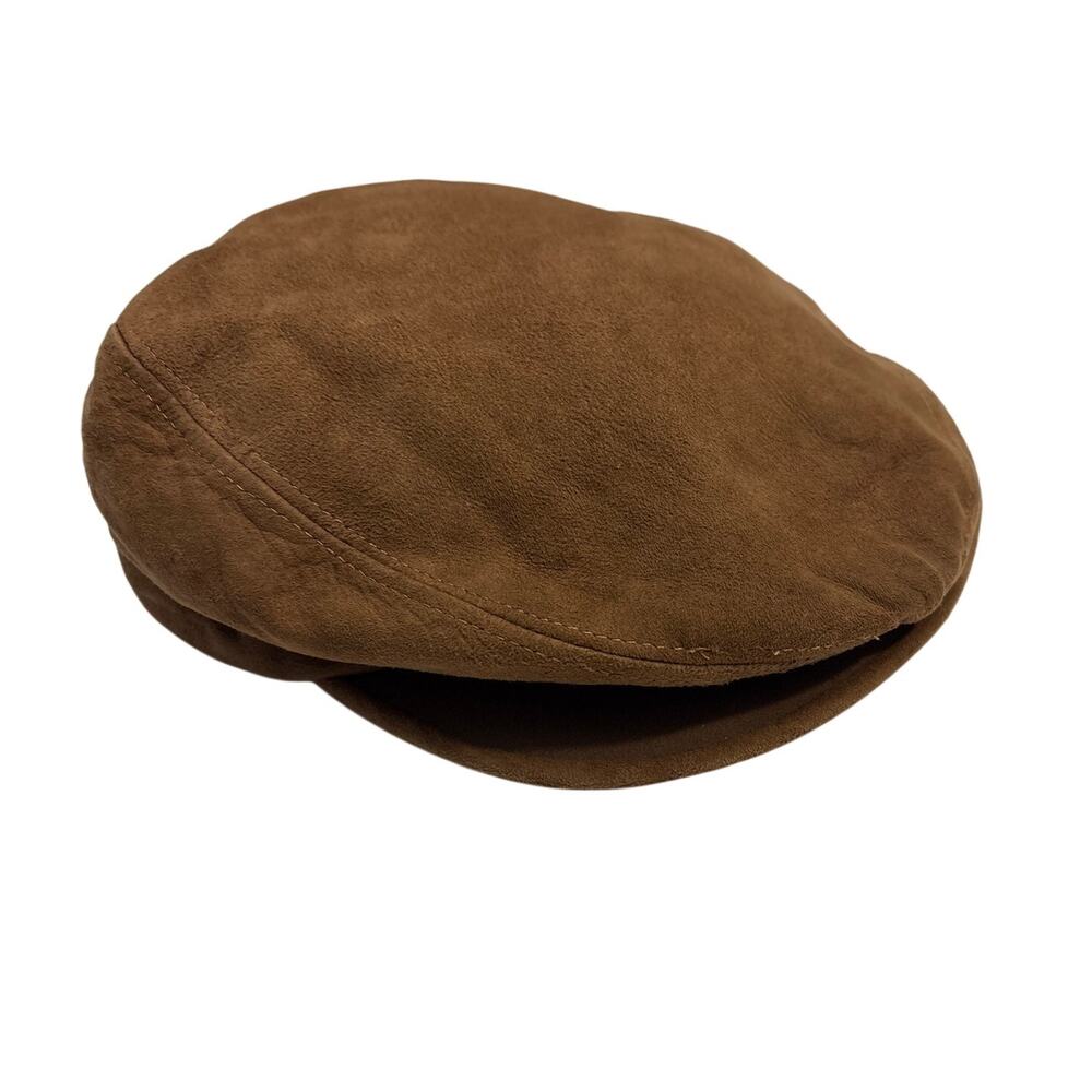 Vintage Stenson brown suede leather newsboy cap w/ branded silk-blend lining Med